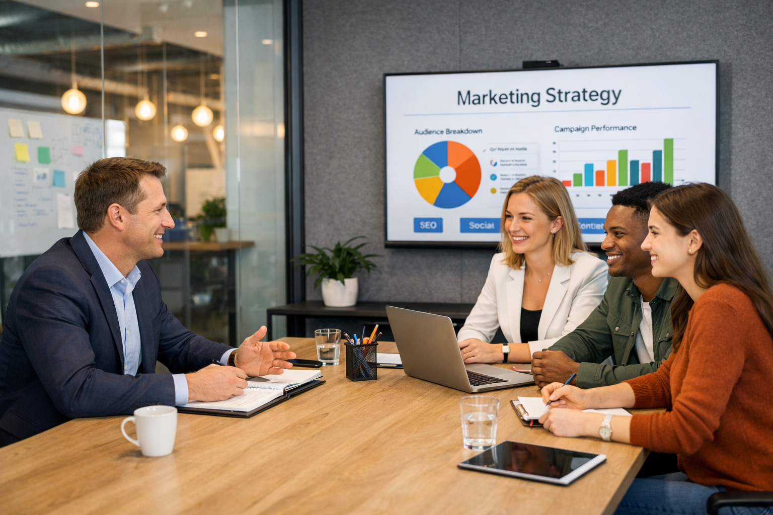 A client meeting with a marketing agency in a modern office setting