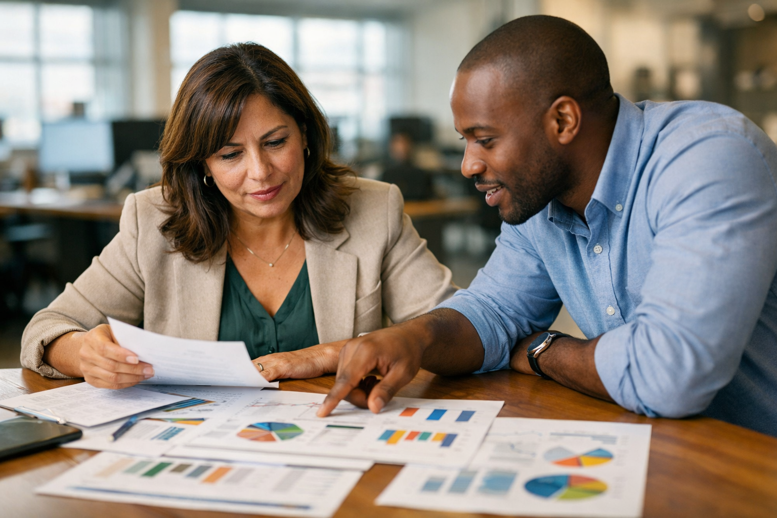 Marketing agency team reviewing strategy documents in a professional office setting