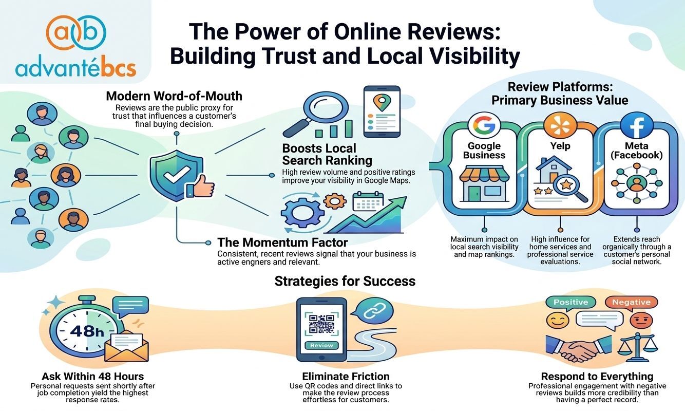 An infographic illustrating the power of online customer reviews for local businesses. It highlights how reviews function as modern word-of-mouth to build trust and influence buying decisions.