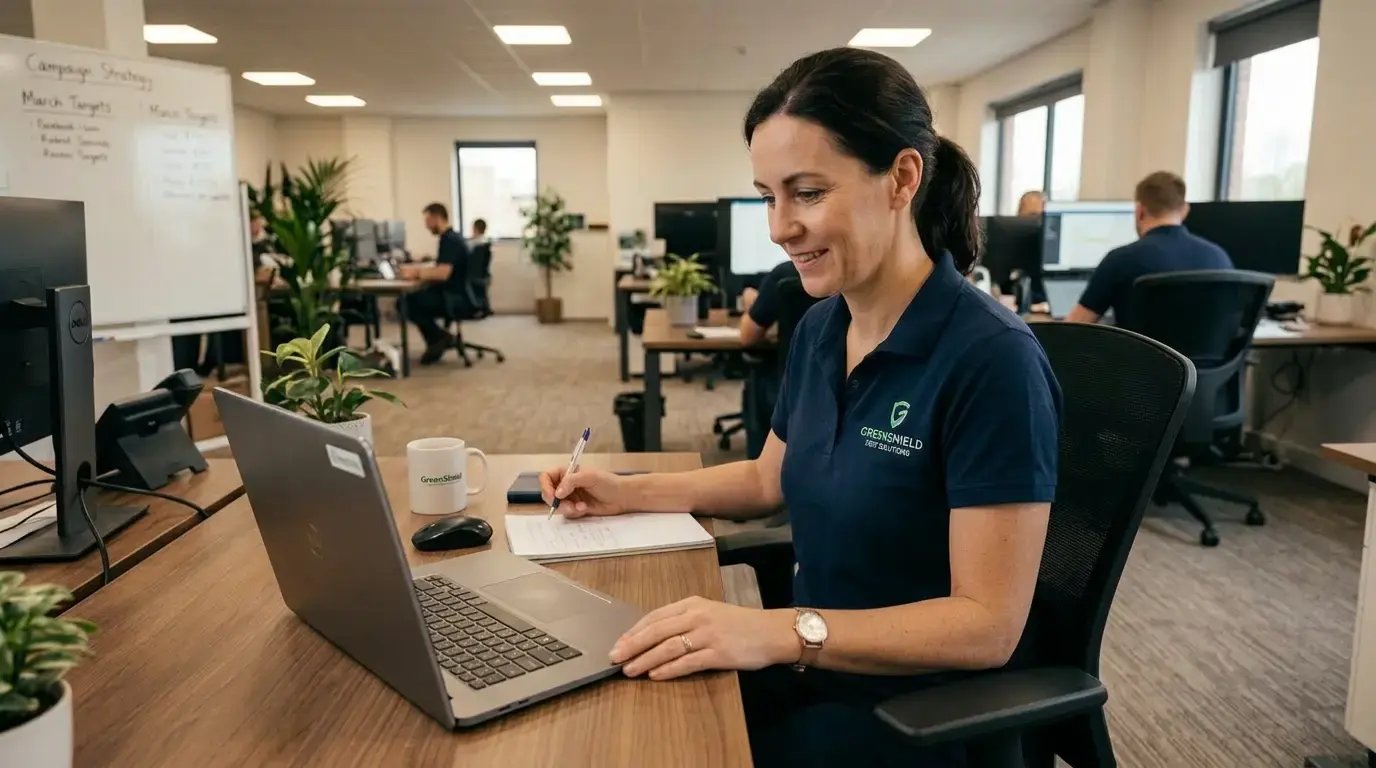 Pest control professional reviewing a digital marketing strategy on a laptop
