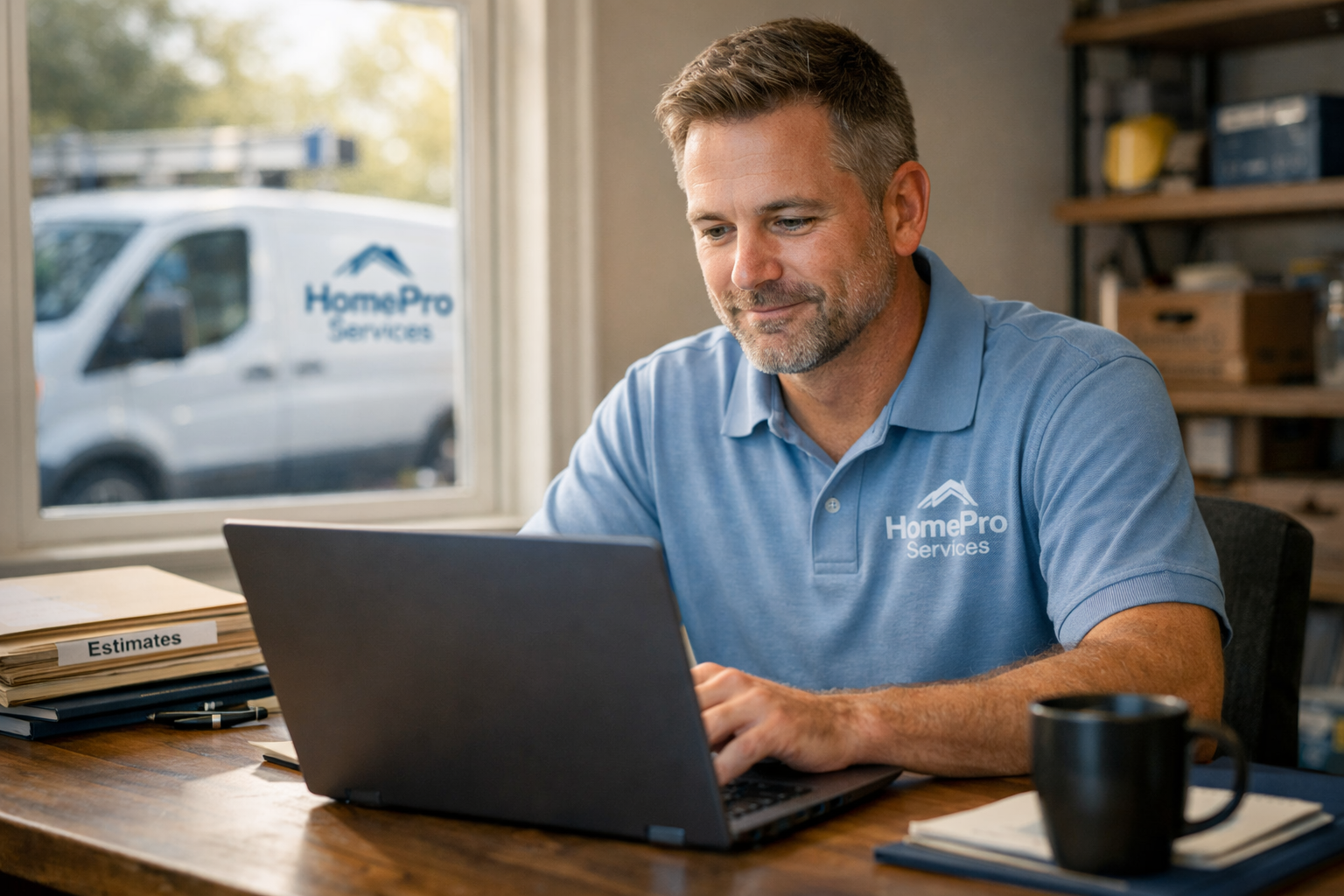 A man in a blue polo shirt with 'HomePro Services' written on it is sitting at a desk working on a laptop.
