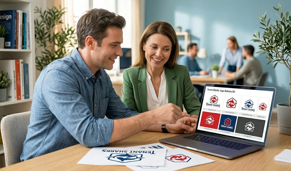 a designer reviewing a logo with a client