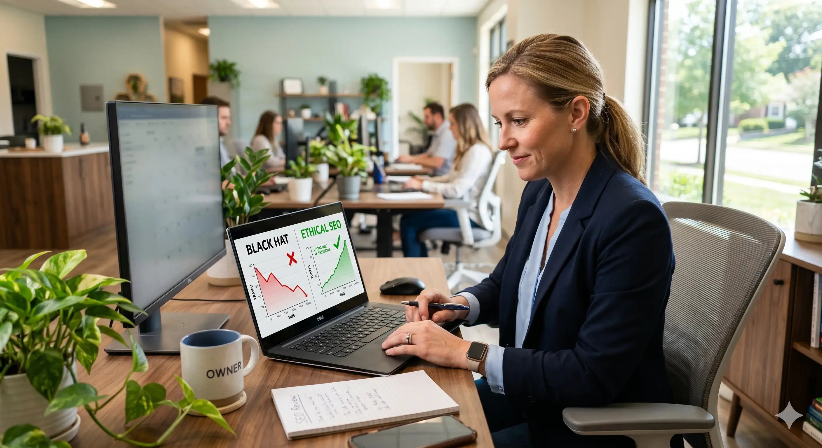 Business owner comparing ethical SEO performance results against black hat tactics on a laptop in a professional office setting.