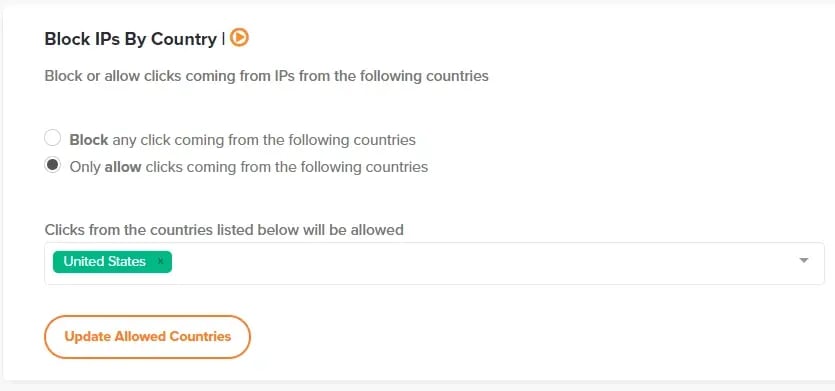 Block IPs by country for a click fraud detection account