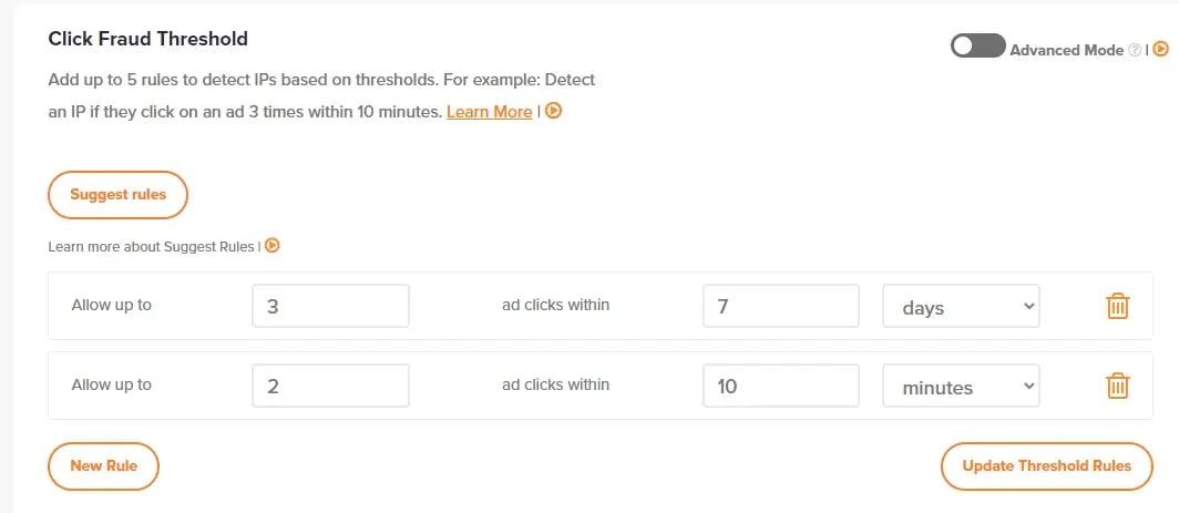 Threshold setting for a click fraud detection account