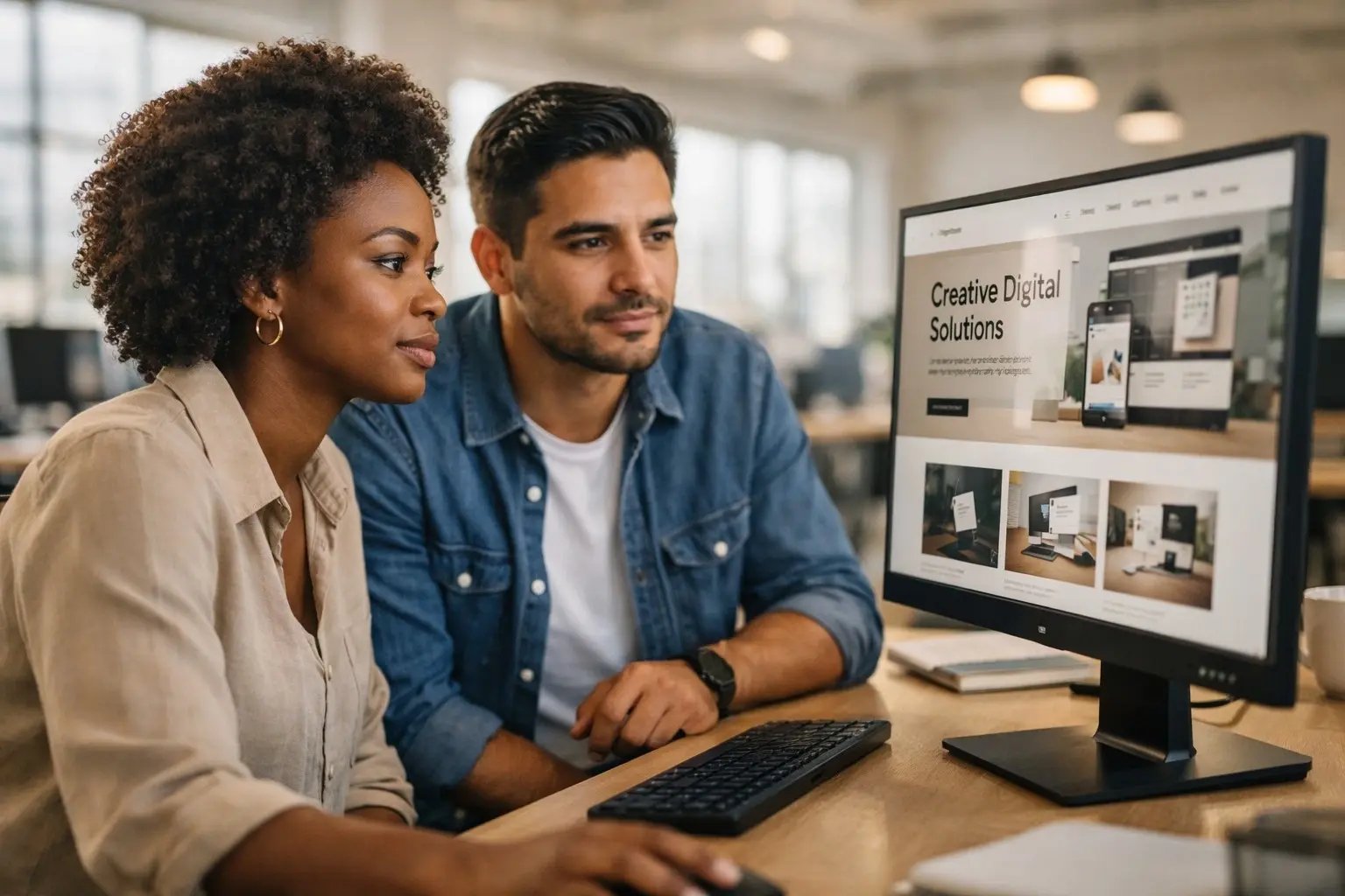 Two web designers reviewing a custom website on a large monitor in a professional office setting.