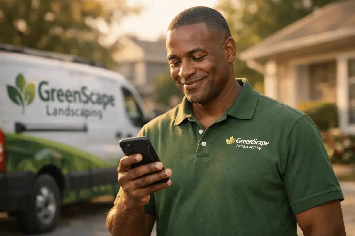 A home service business owner checks his phone near a branded work van in a residential neighborhood, representing new leads from a growing online presence.