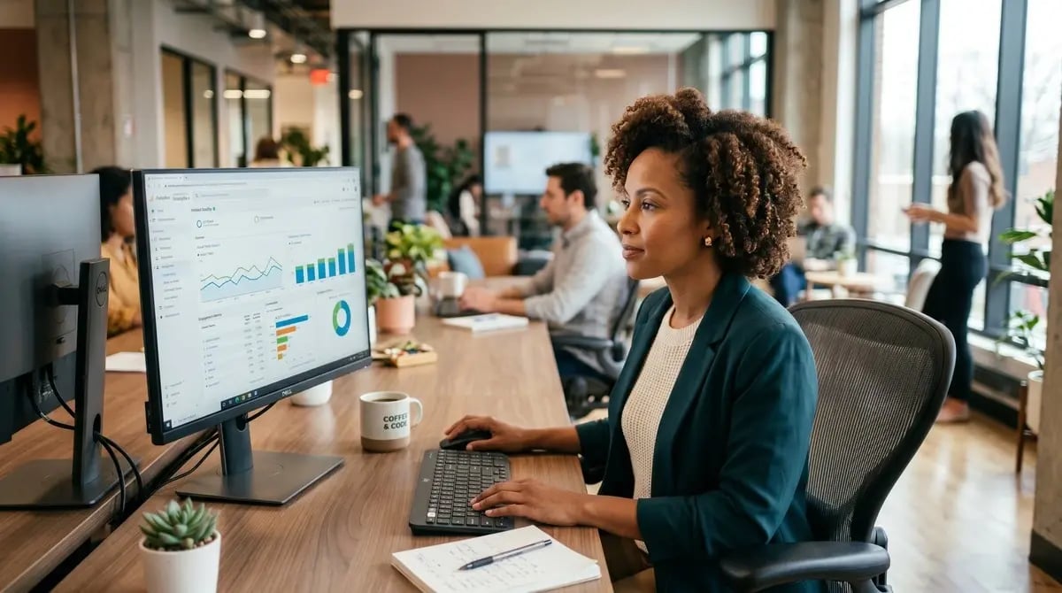 A professional woman reviews a website analytics dashboard on a large monitor in a modern open-plan office.
