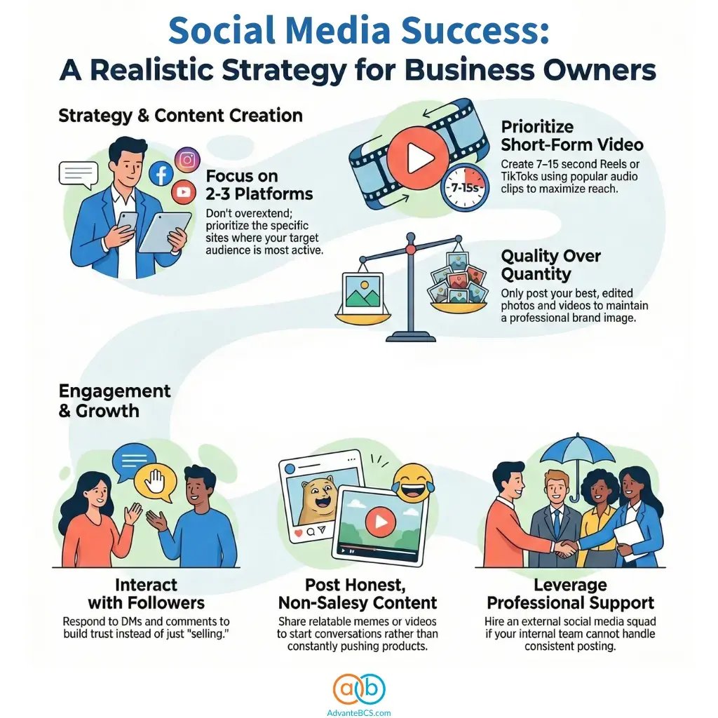 An informational graphic detailing a strategy for business owners to succeed on social media.