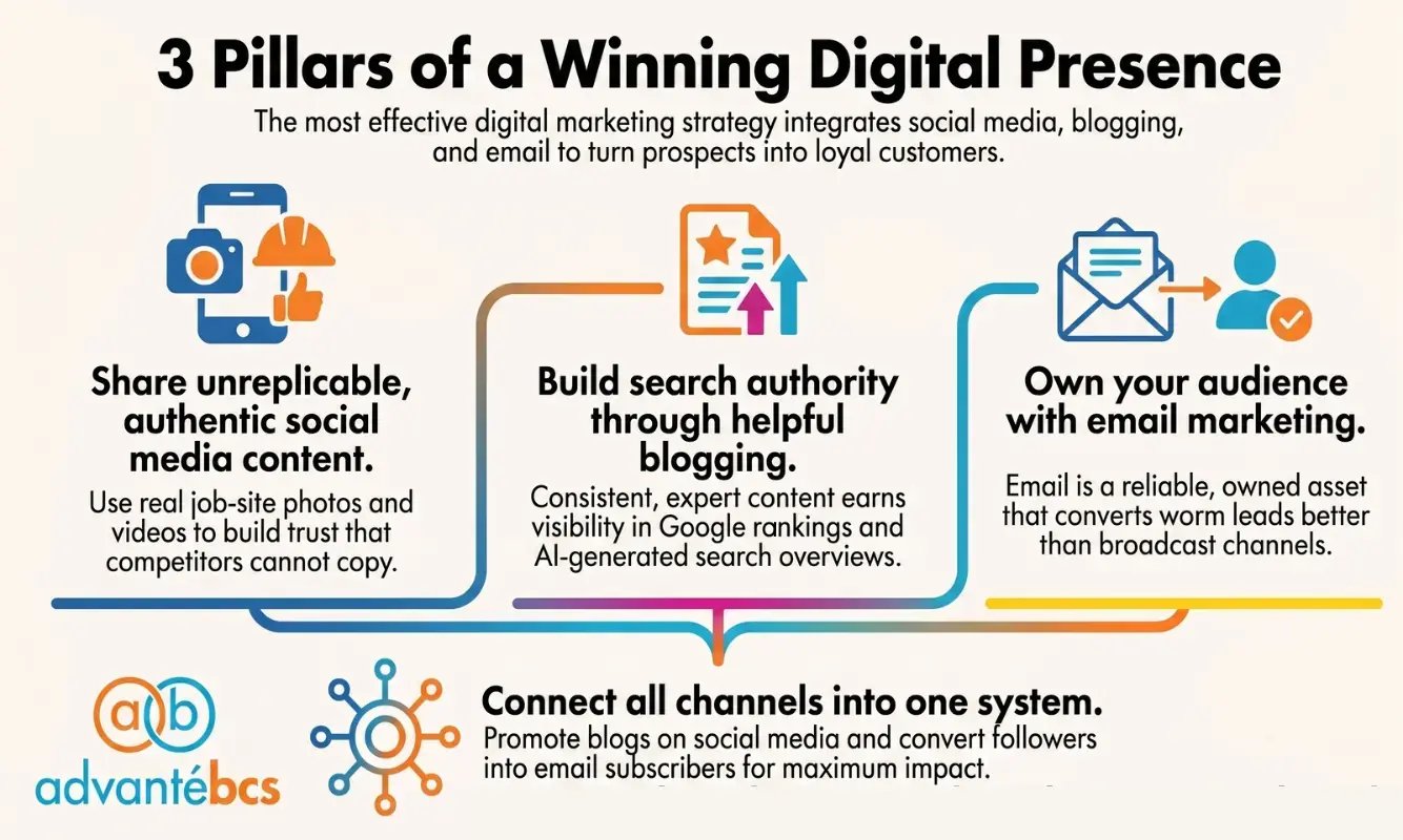 An infographic titled "3 Pillars of a Winning Digital Presence," describing an effective digital marketing strategy.