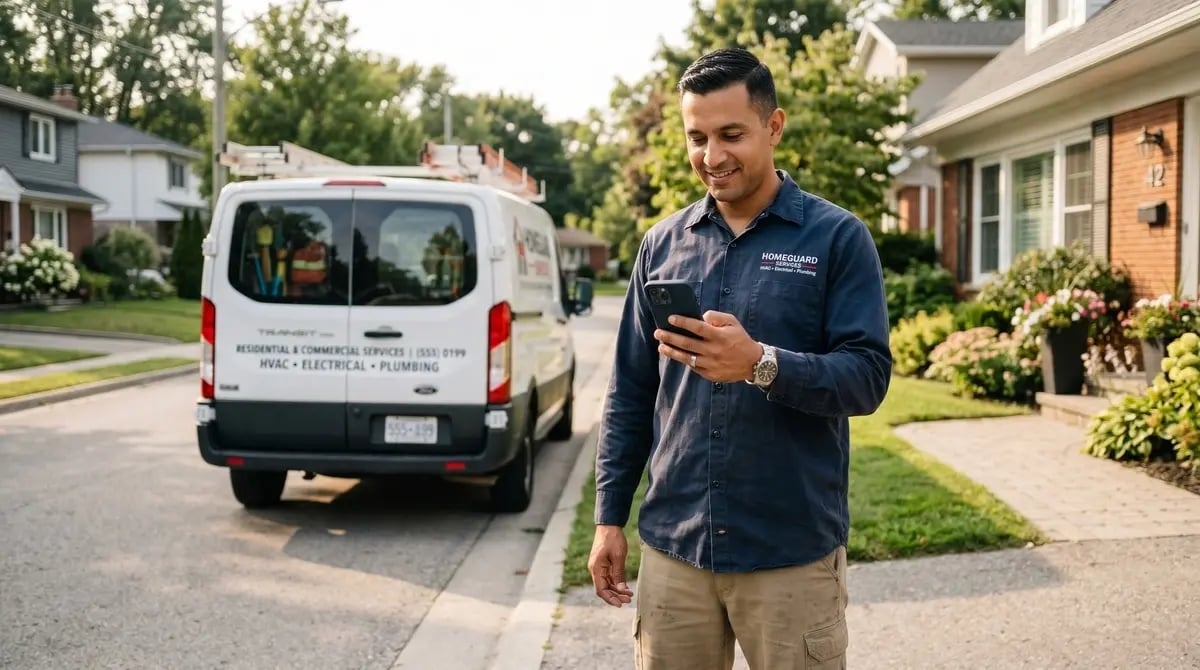 A home service business owner checks his phone outside a residential job site with his work van in the background.