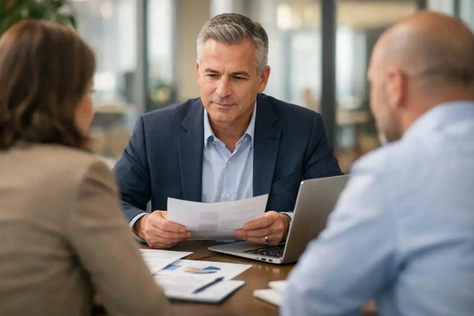 A business owner reviews materials with colleagues at a conference table in a modern office, suggesting a vendor evaluation meeting.