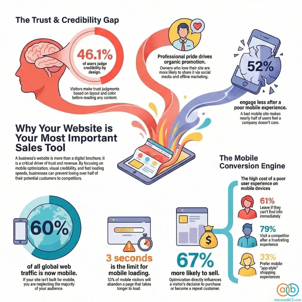 Infographic summarizing key website development statistics including mobile traffic, page load time, and conversion rates.