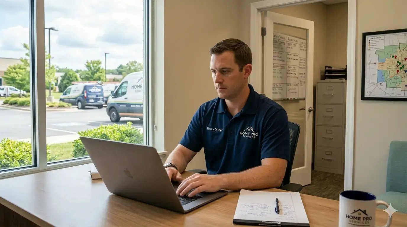 Home service business owner reviewing digital marketing strategies on a laptop in a small company office