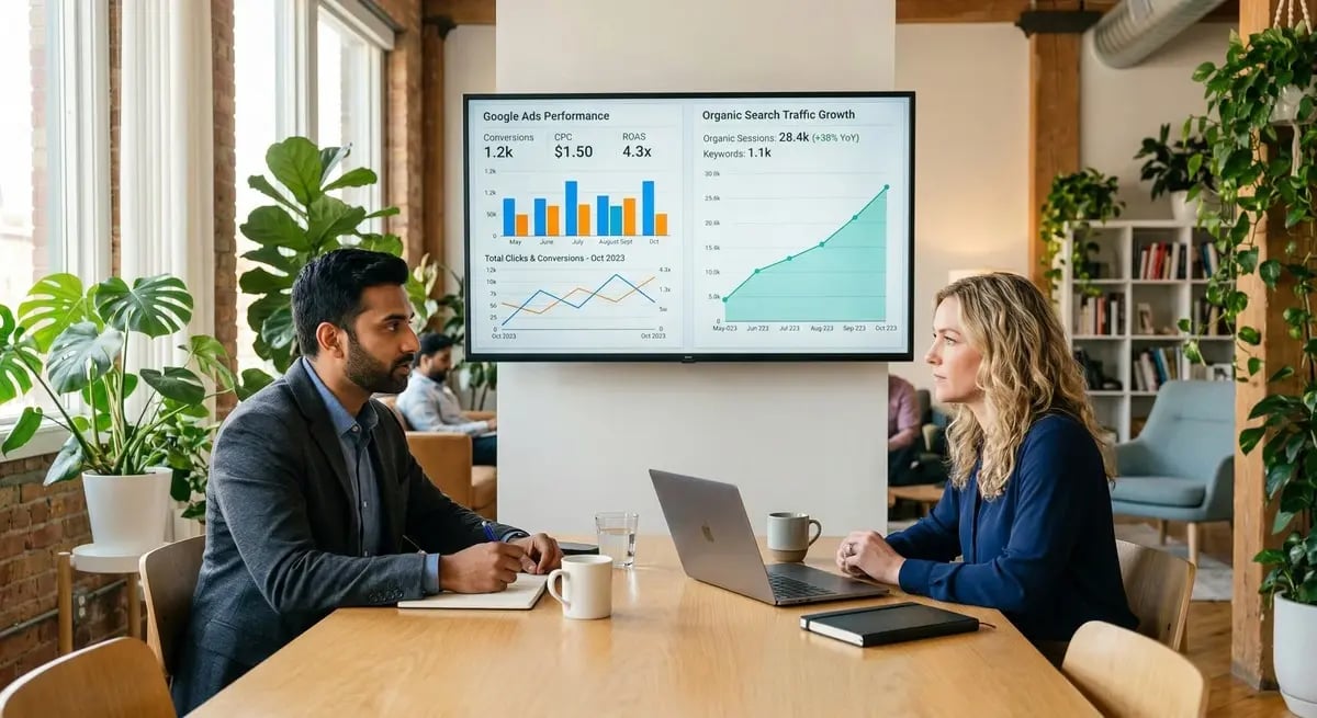 Marketing strategist and small business owner reviewing Google Ads performance and organic search traffic growth on a wall monitor in a bright modern office.