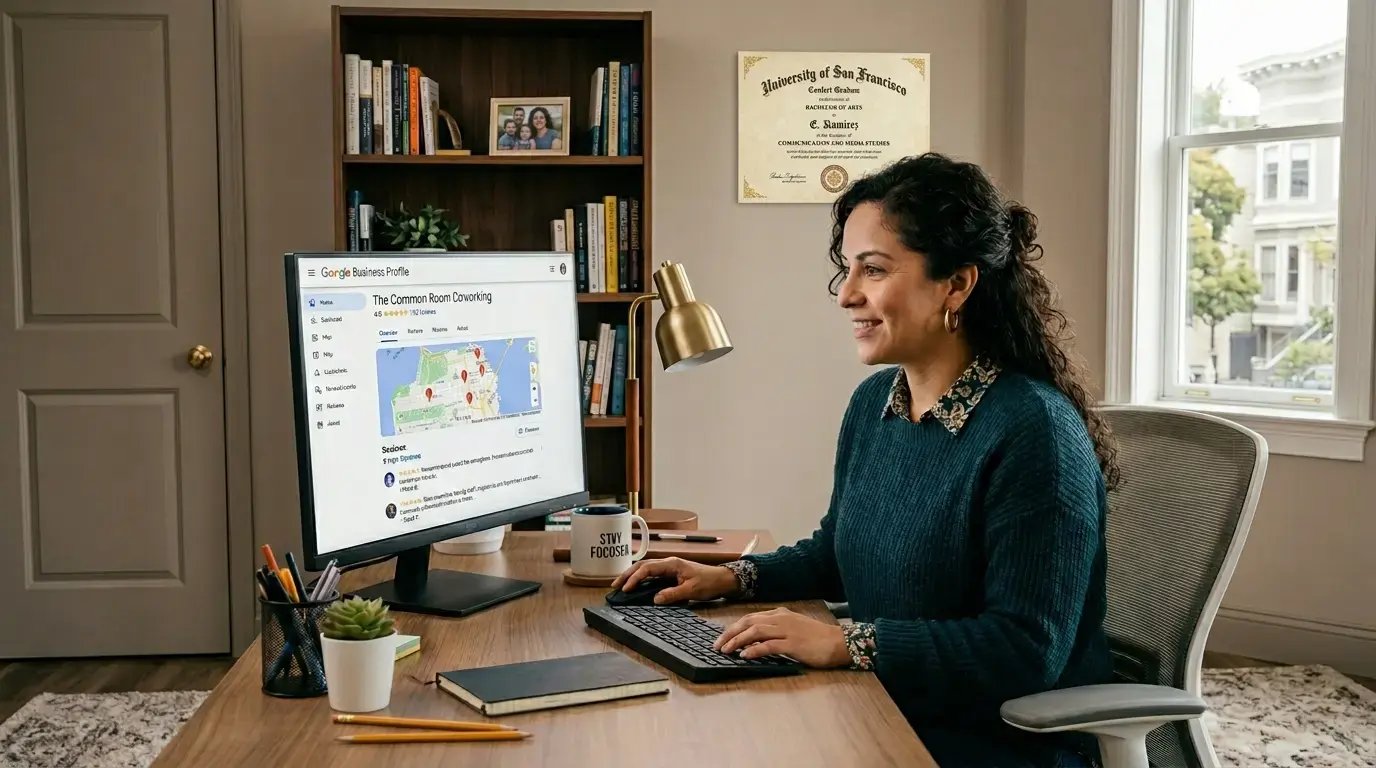 Business owner reviewing her Google Business Profile dashboard on a desktop computer in a professional office
