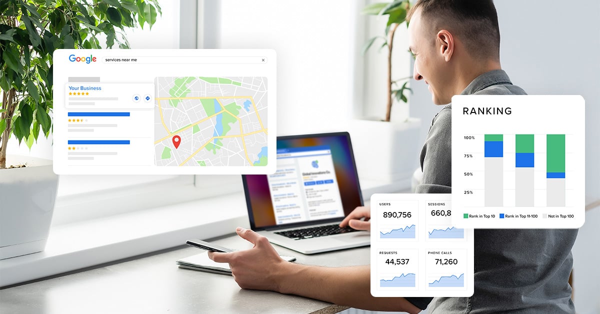 Man using laptop with Google search and business ranking analytics on screen