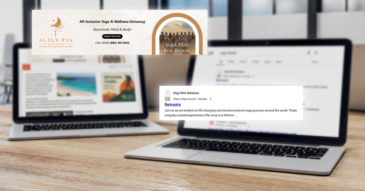 Visual comparison of a Google Display Ad banner and a Google Search Ad on laptops