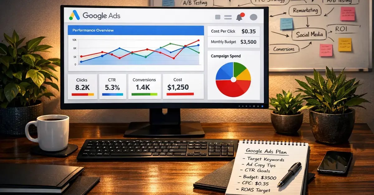Google Ads performance overview on a computer monitor showing cost per click (CPC), monthly budget, and total campaign spend
