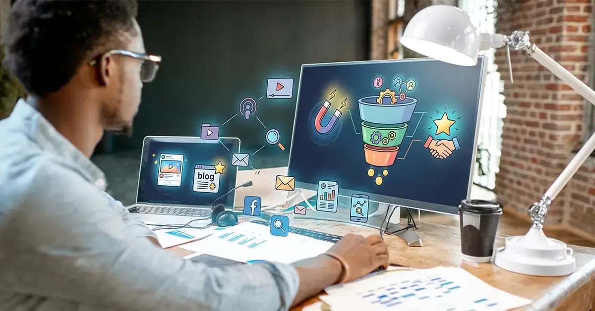 Graphic showing the stages of an inbound marketing funnel from lead generation to customer conversion on a designer's monitor