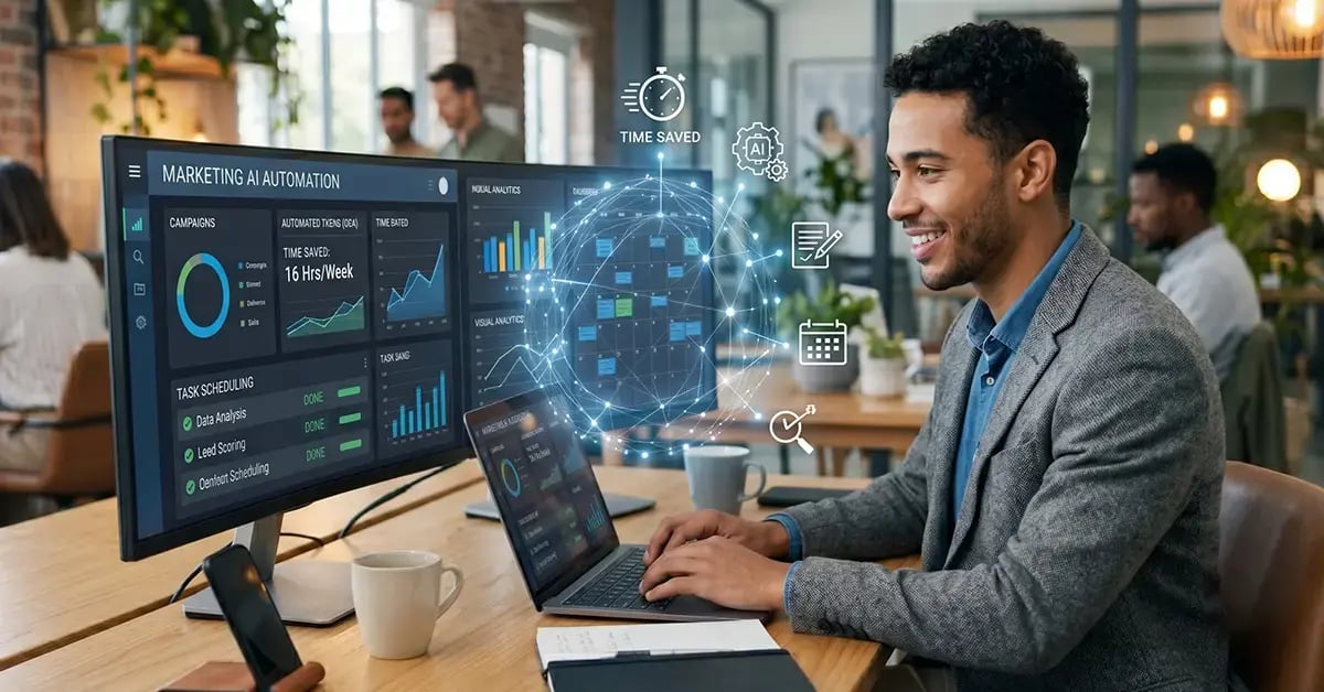 Business owner using an AI marketing automation dashboard to save time and manage online campaigns.