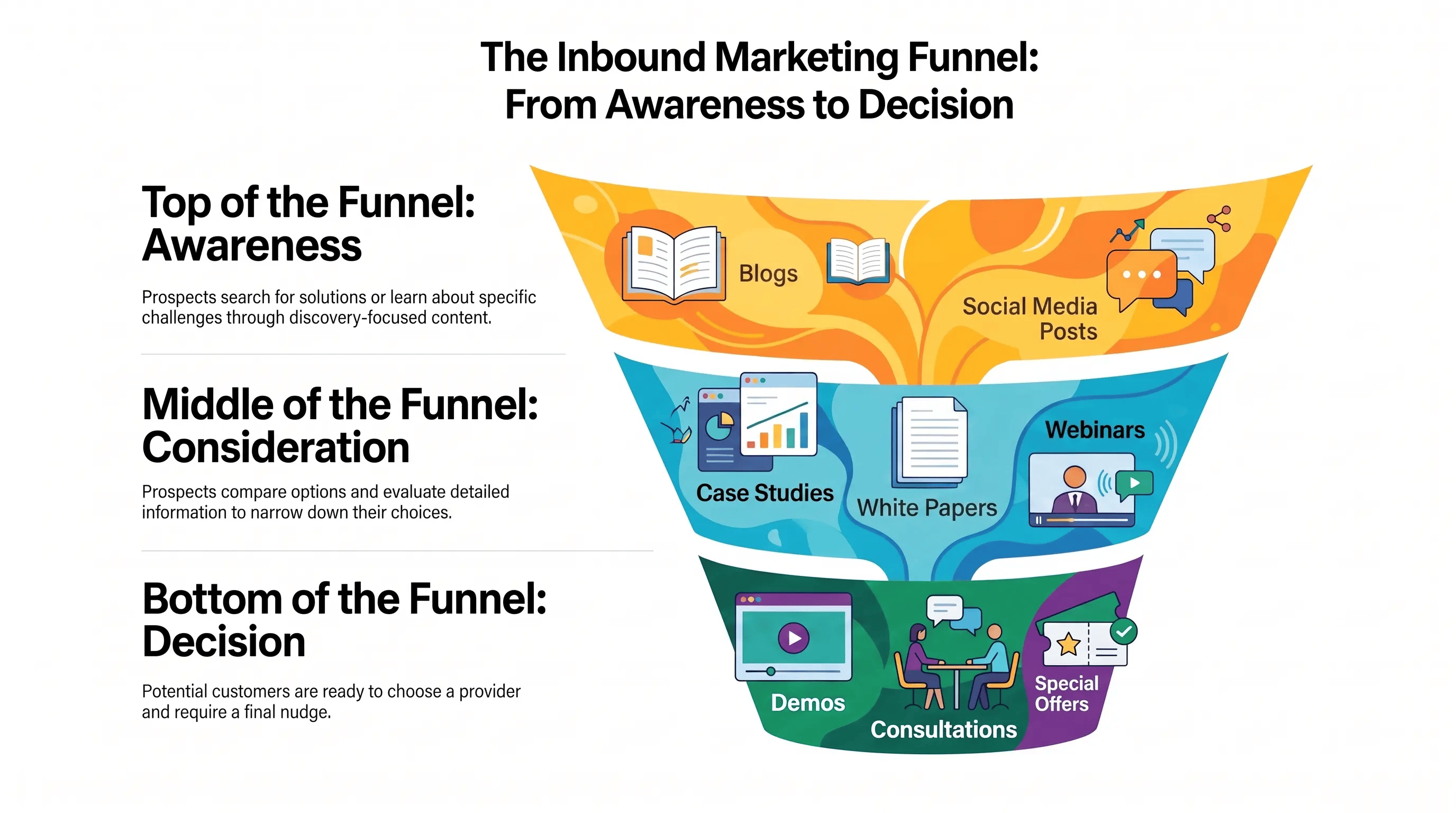 Infographic of the inbound marketing funnel showing the awareness, consideration, and decision stages of the customer journey