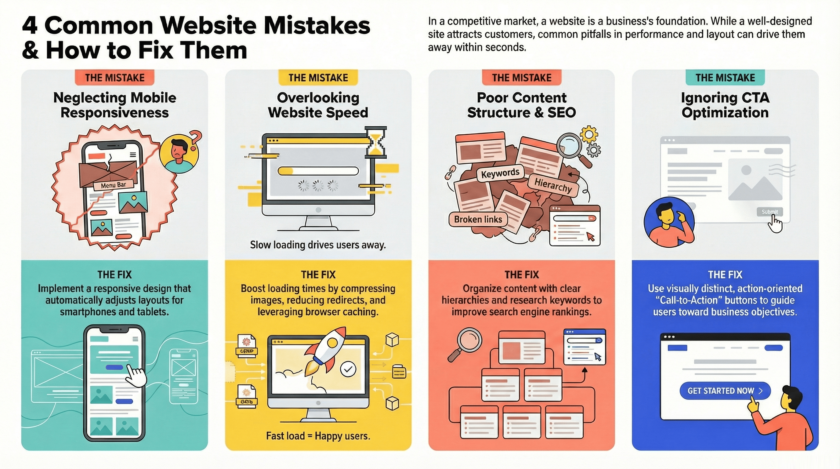 Infographic showing four common website mistakes and how to fix them, including mobile responsiveness, website speed, content structure and SEO, and CTA optimization