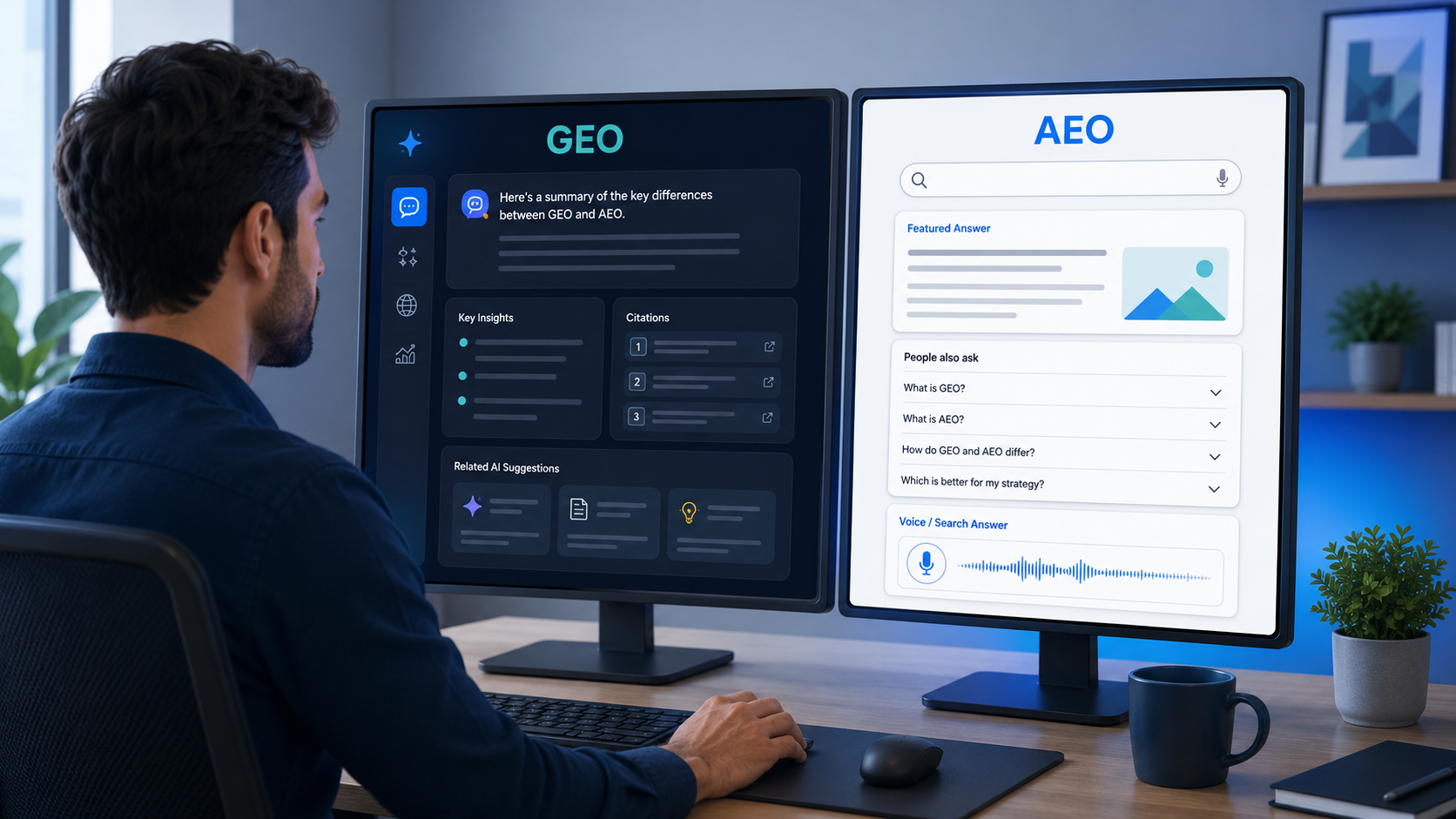 Person comparing GEO and AEO results on two computer screens, showing generative AI answers and search-based answer results.