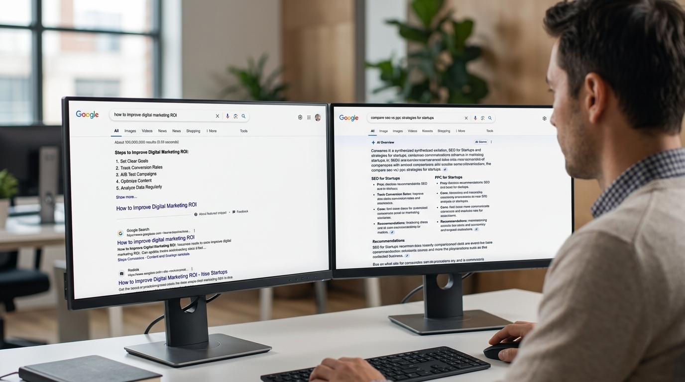 Man at a desk viewing a Google featured snippet on one monitor and an AI Overview on the other