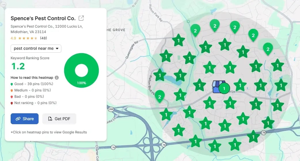 Local visibility heat map showing Spence's Pest Control rankings for pest control near me across Midlothian, Virginia.