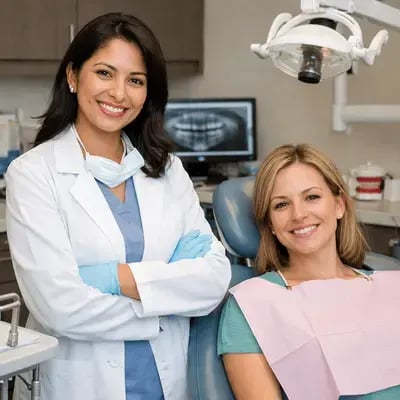 Dentist With Patient In Examination Room
