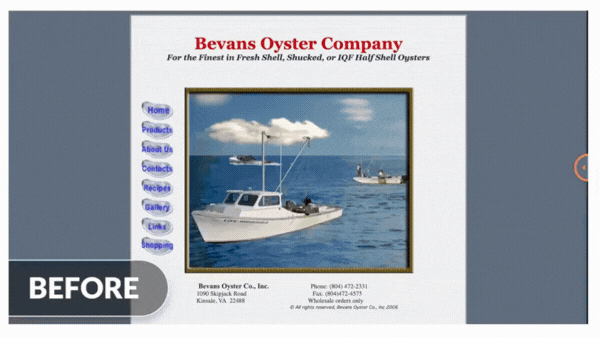 split-screen view of the Bevans Oyster website before and after it was redesigned