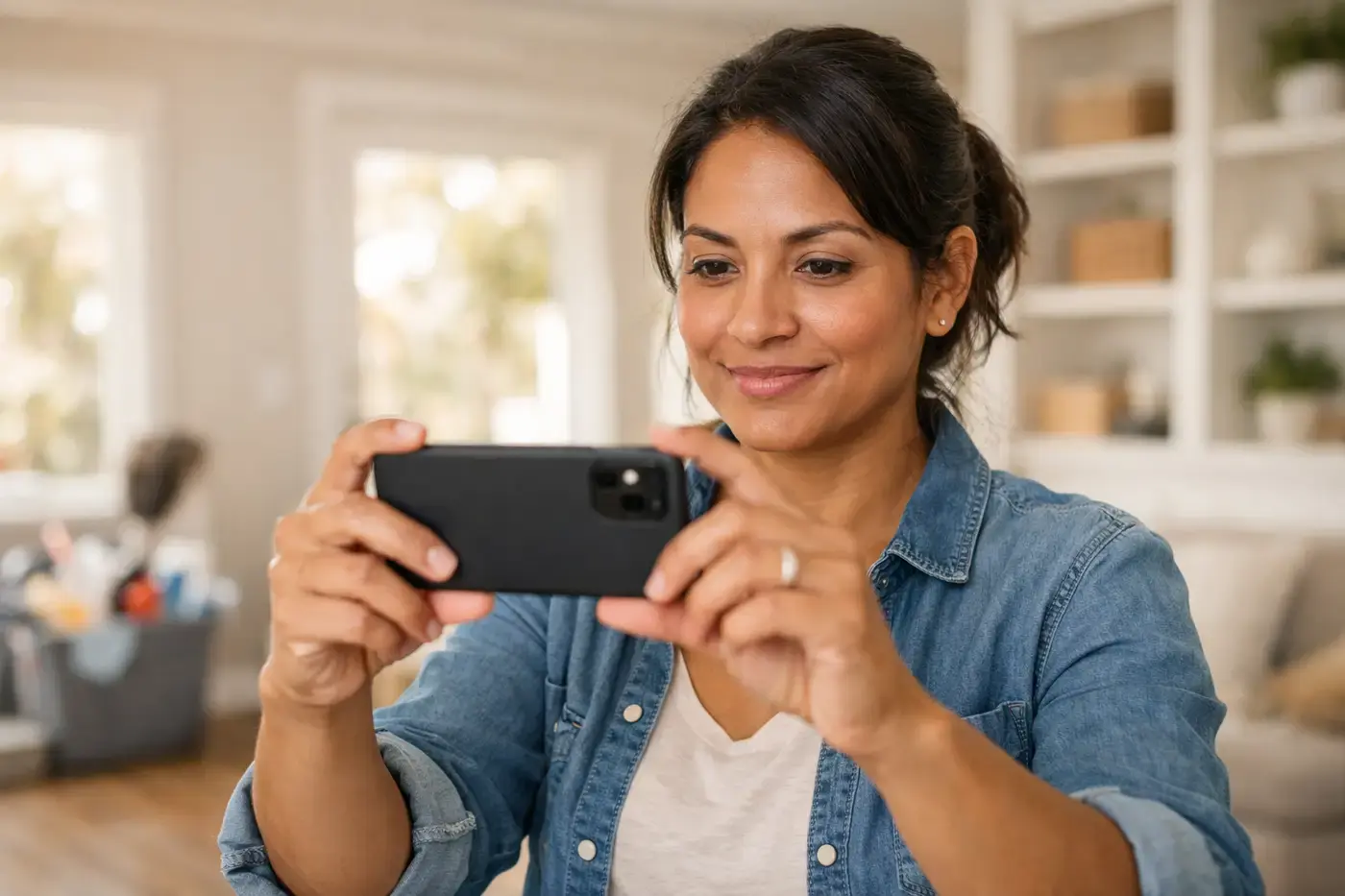 A small business owner films a short video on her phone in a bright residential space, capturing behind-the-scenes content for social media.