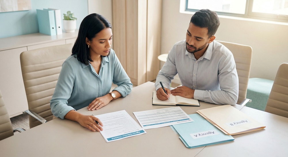 Small business owner and marketing consultant reviewing an agency selection checklist and comparing proposals with lead and call performance data.
