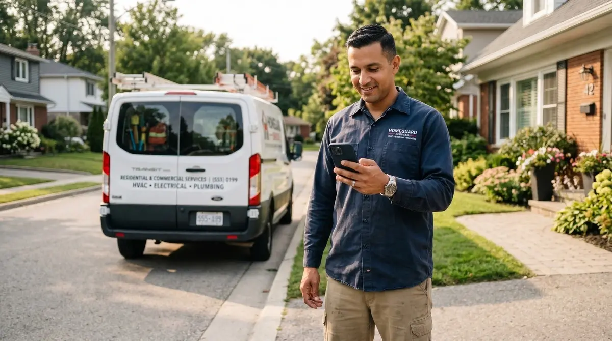 A home service business owner checks his phone outside a residential job site with his work van in the background.