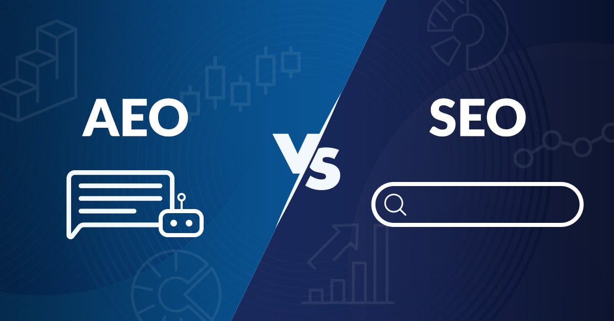 AEO vs SEO graphic with chatbot and search bar icons on a blue background