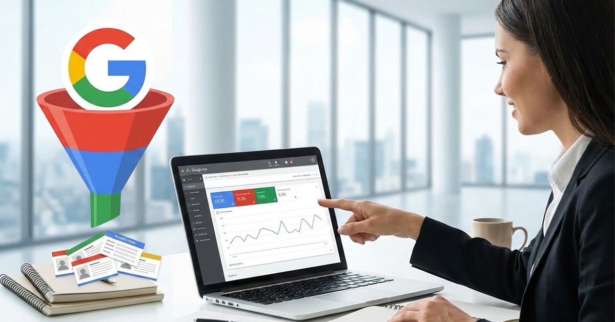 Google Ads analytics dashboard displayed on a laptop showing marketing performance