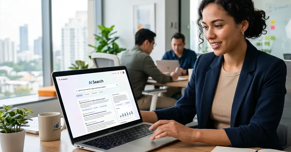 A professional using an AI search tool on a laptop to research local business marketing strategies in a modern office.