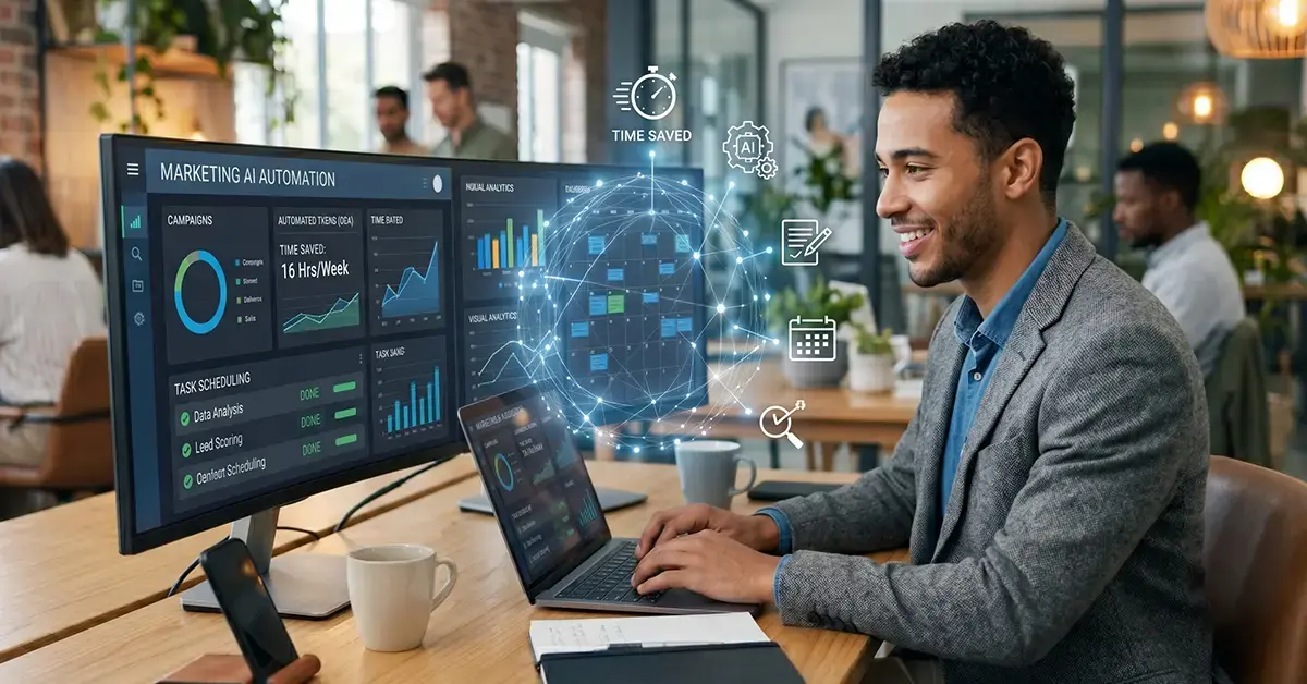 Business owner using an AI marketing automation dashboard to save time and manage online campaigns.