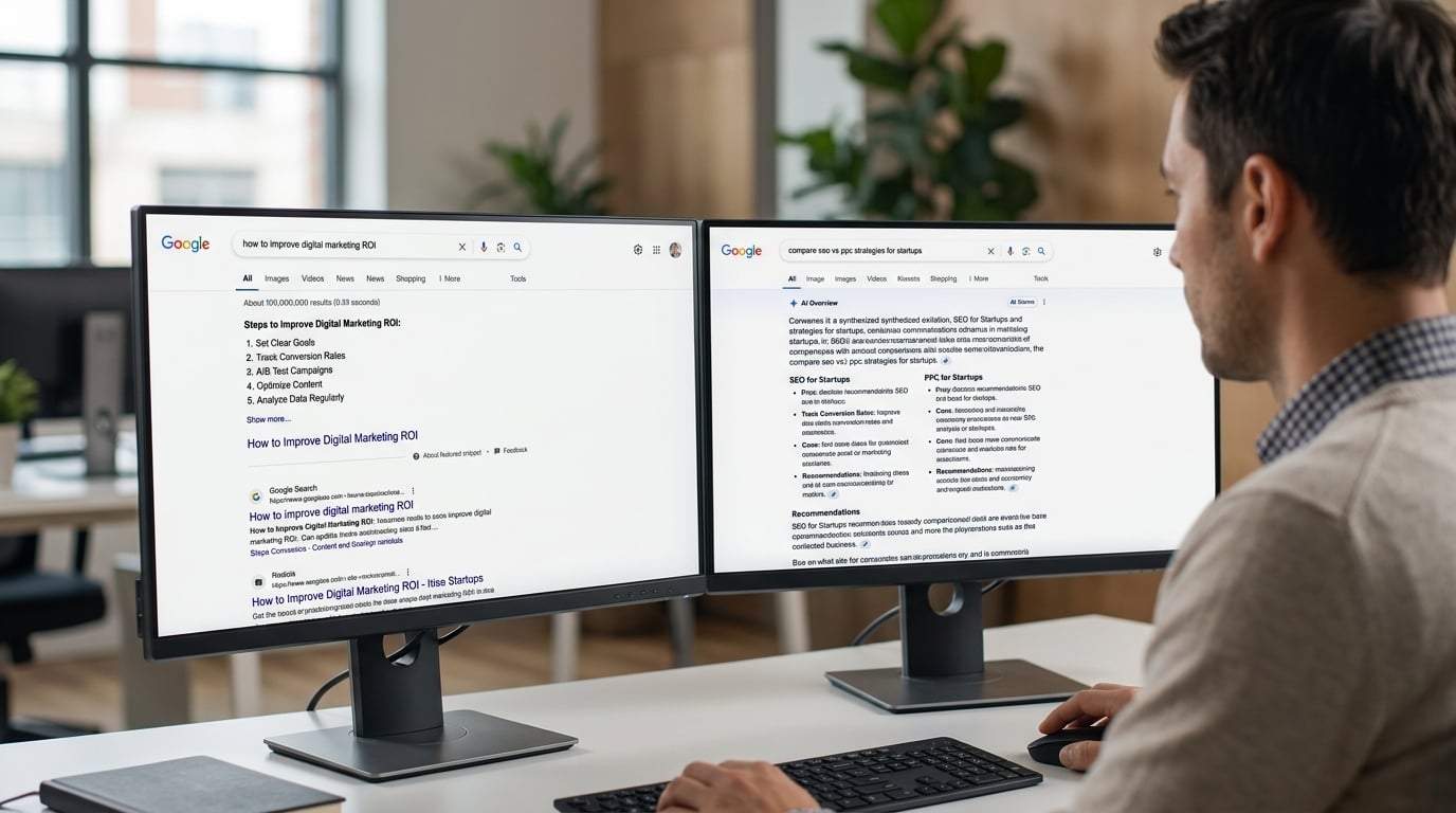 Man at a desk viewing a Google featured snippet on one monitor and an AI Overview on the other