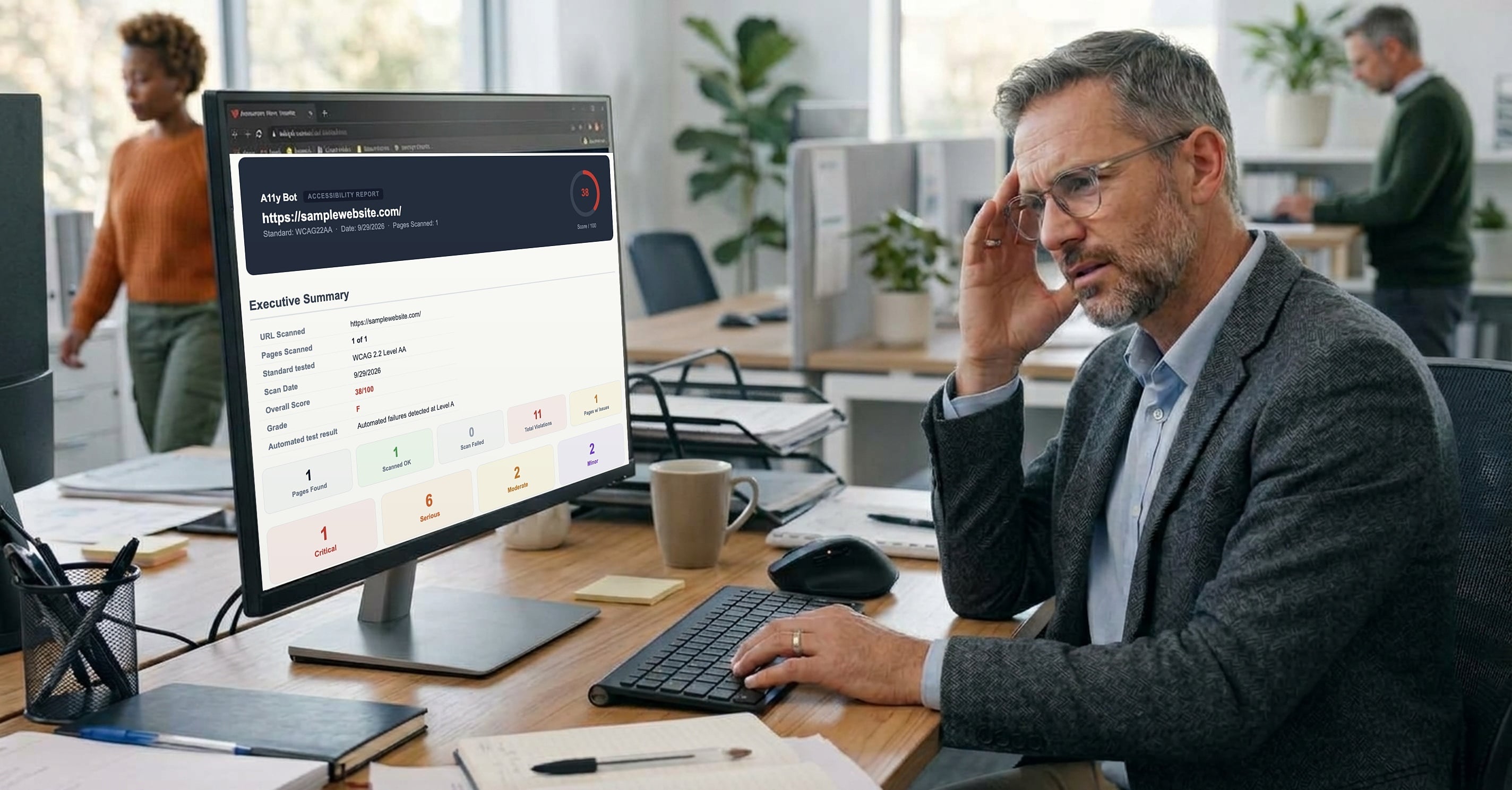 A man at his office desk looks concerned while reviewing a website accessibility report showing failing results and multiple WCAG violations.