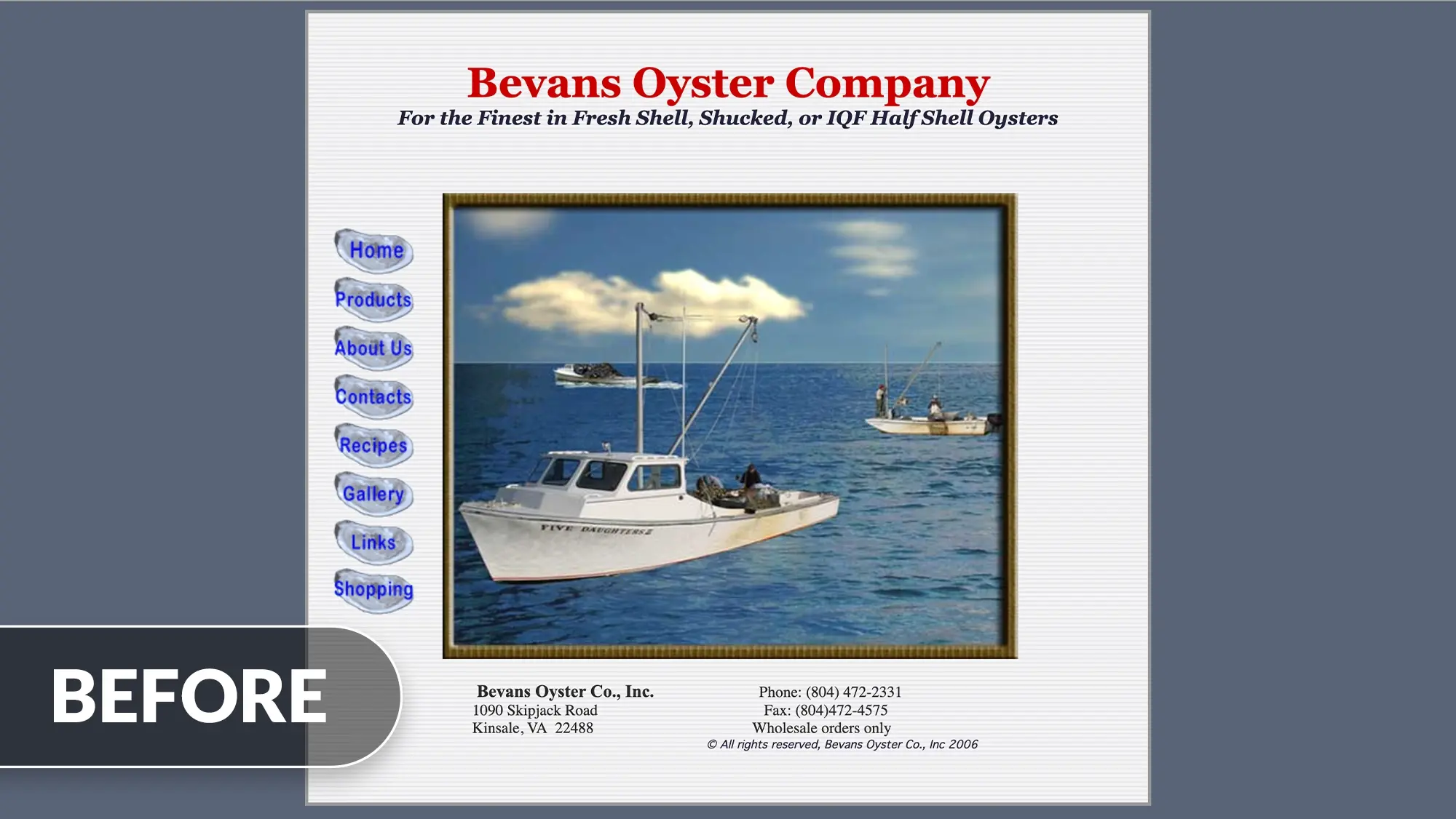 bevans oyster website before redesign