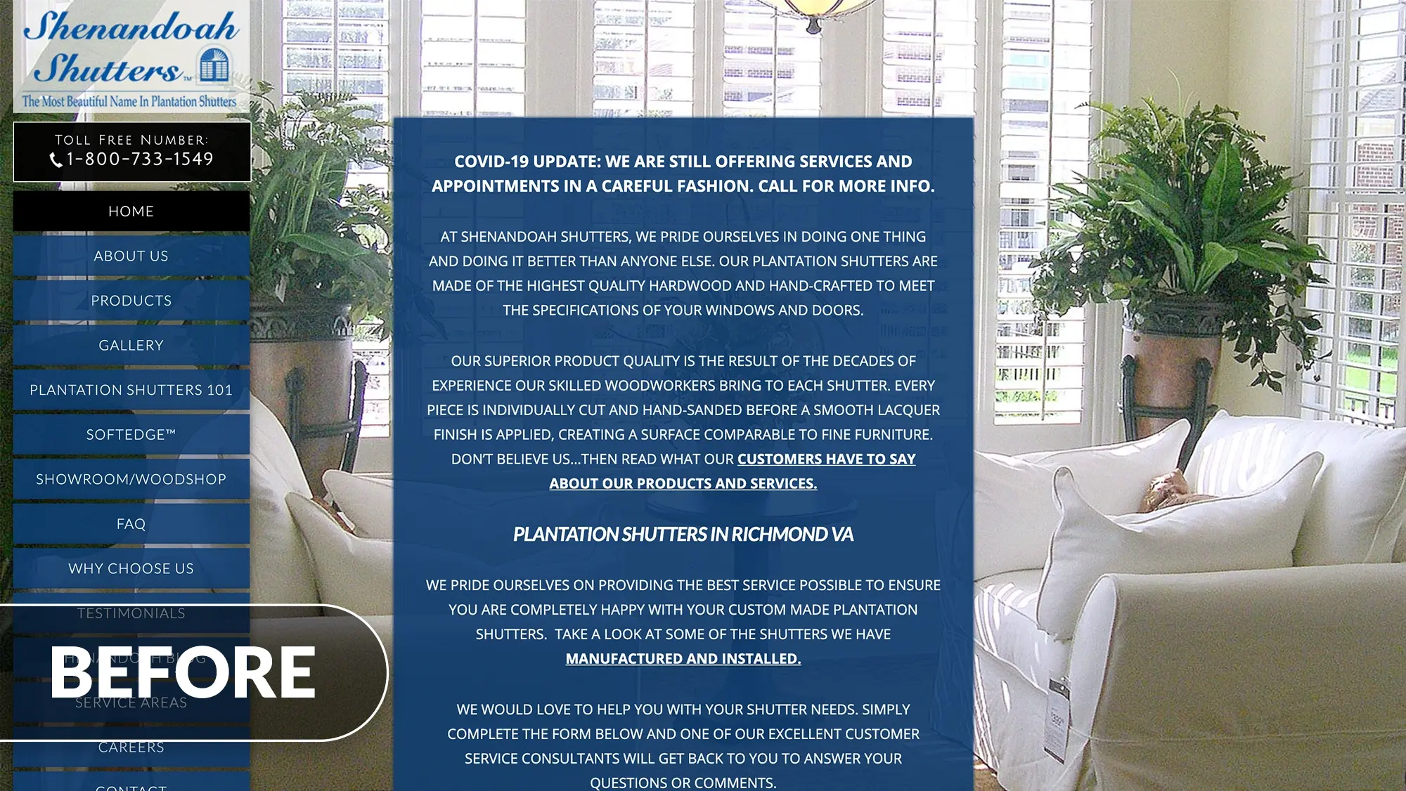 shenandoah shutters website before redesign
