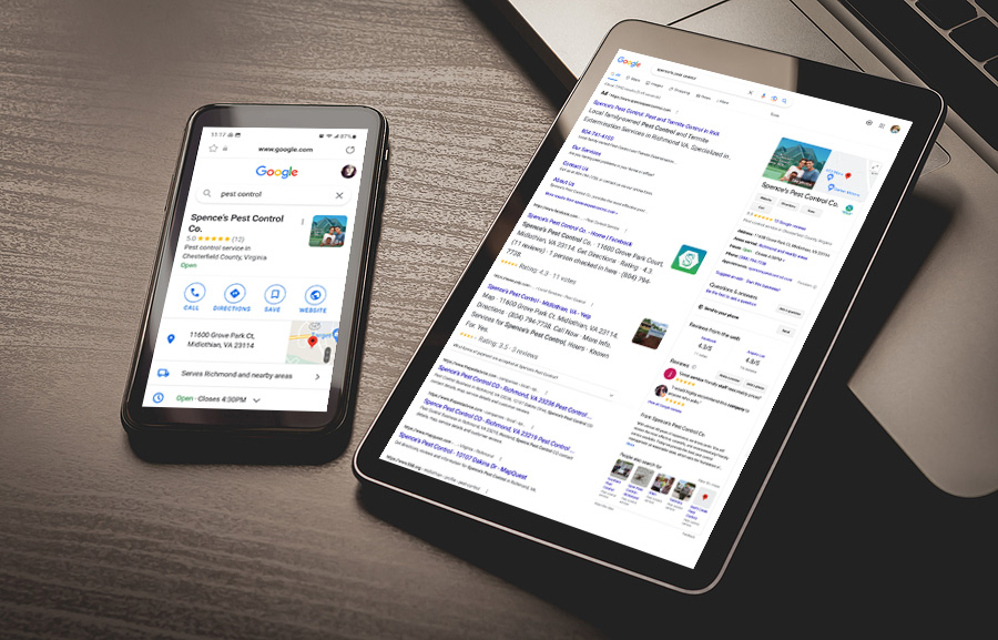 Google ads for a pest control company shown on different devices