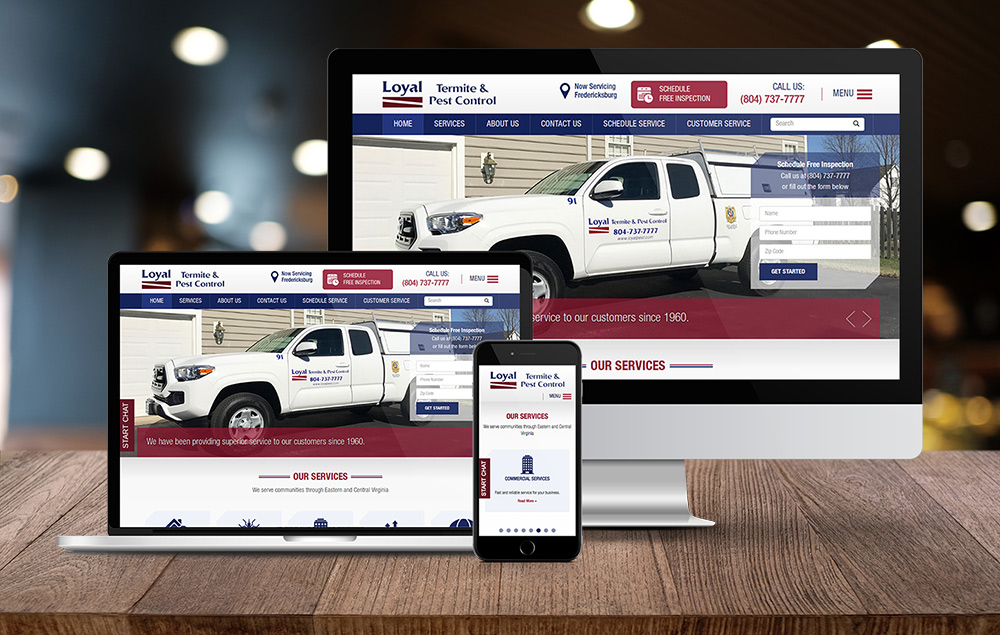 a pest control company website displayed on desktop, tablet, and mobile screens